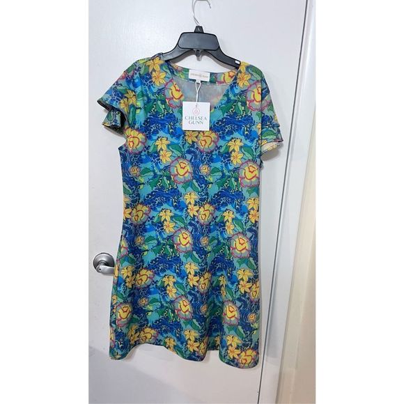 Chelsea Gunn Womens Tunic Blouse Short Sleeve Floral Blue Yellow Large - Picture 2 of 10